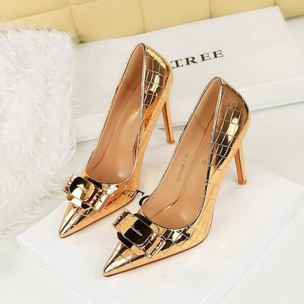 BIGTREE 18249-K91 European and American style super high-heeled women's shoes patent leather metal bow splicing stiletto high heels
