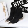 BIGTREE 335-1 European and American style light luxury banquet women's boots medium heel hollow with metal pointed iron head suede short boots