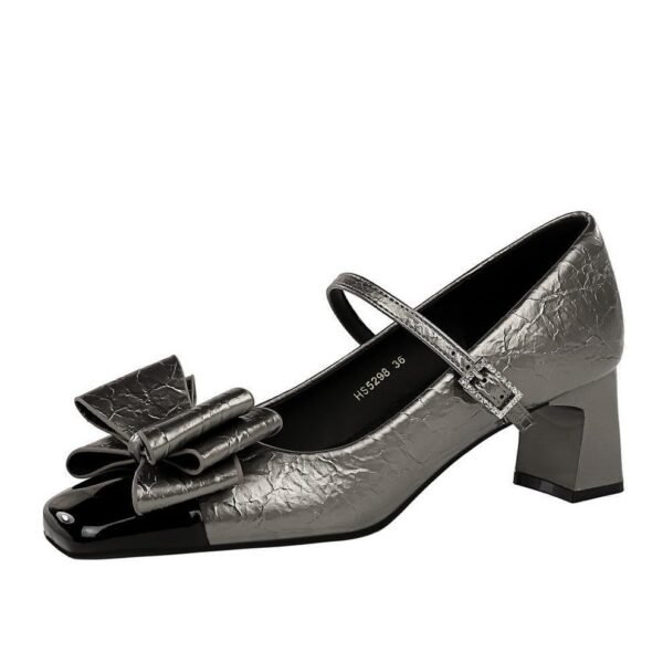BIGTREE 5298-H58 Mary Jane women's shoes medium heel thick heel shallow mouth square head splicing toe toe one word with bow single shoes women