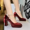 Product image BIGTREE 9982-H79TP Korean version of square head thick heel waterproof table high heels pearl word with back bow satin shoes