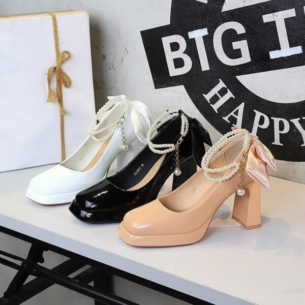 Product image BIGTREE 9981-H78TP Korean version square head thick heel super high heel waterproof table pearl chain word with bow wedding shoes single shoes