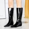 BIGTREE 6632-36 European and American wide-tube women's boots, rear zipper, small square head, middle heel, and inner heel heightening glossy patent leather high boots