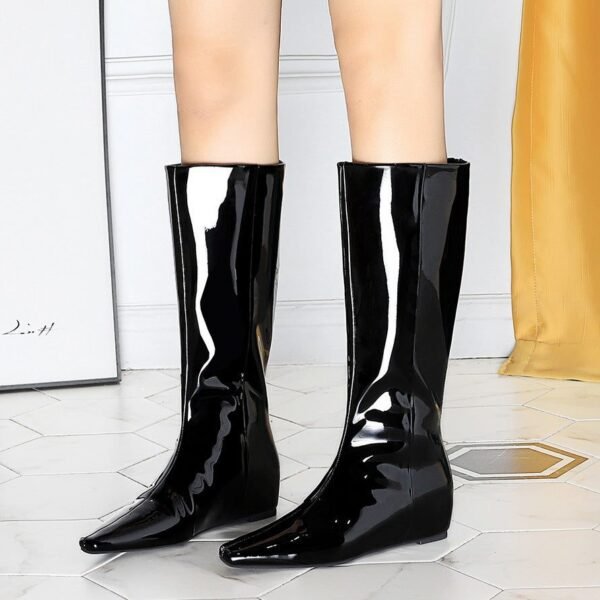 BIGTREE 6632-36 European and American wide-tube women's boots, rear zipper, small square head, middle heel, and inner heel heightening glossy patent leather high boots