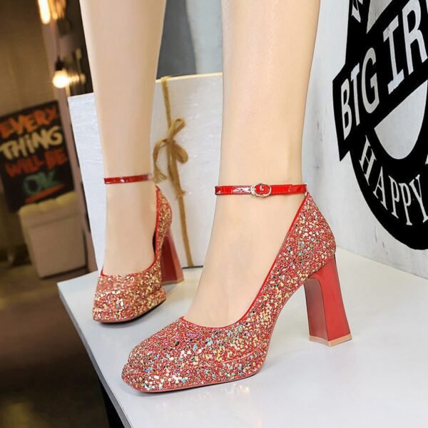 BIGTREE 9983-K106 European and American style women's shoes thick heel high heel waterproof table shallow mouth square head sequins one word with single shoes wedding shoes