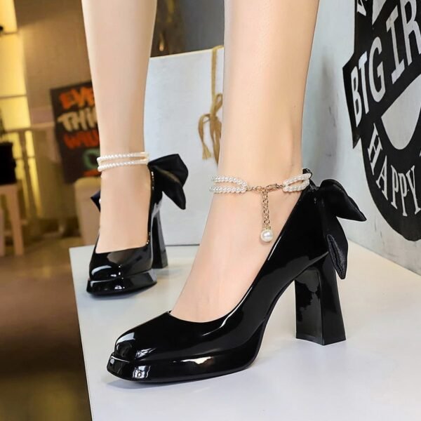 Product image BIGTREE 9981-H78TP Korean version square head thick heel super high heel waterproof table pearl chain word with bow wedding shoes single shoes