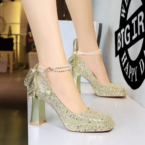 BIGTREE 9983-H80TP Sweet pearl one-word strap high heels women's rhinestone bow square head waterproof table thick heel single shoes
