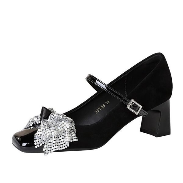 BIGTREE 5296-H65 Korean version one word with rhinestone buckle Mary Jane single shoes square head thick heel sequined bow medium heel women's shoes