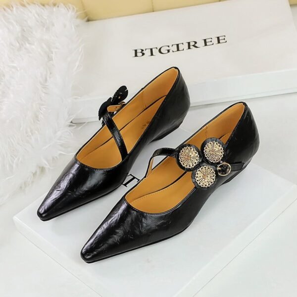 BIGTREE 3683-3K92 Vintage Mary Jane women's single shoes with metal decoration, light mouth, pointed toe, wedge heel, low heel single shoes