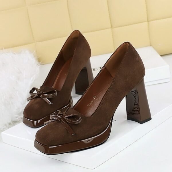 Product image BIGTREE 9987-H81 Korean version square head waterproof table high heels suede bow decorative women's shoes light mouth super high heel single shoes