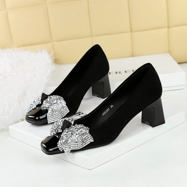 BIGTREE 5297-H65 sequined bow square head light mouth European and American style medium heel single shoes suede thick heel professional commuter women's shoes