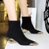 BIGTREE 335-1 European and American style light luxury banquet women's boots medium heel hollow with metal pointed iron head suede short boots