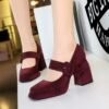 BIGTREE 9613-6 European and American style high-heeled thick-heeled waterproof table suede one-word belt buckle shallow mouth Mary Jane women's shoes single shoes