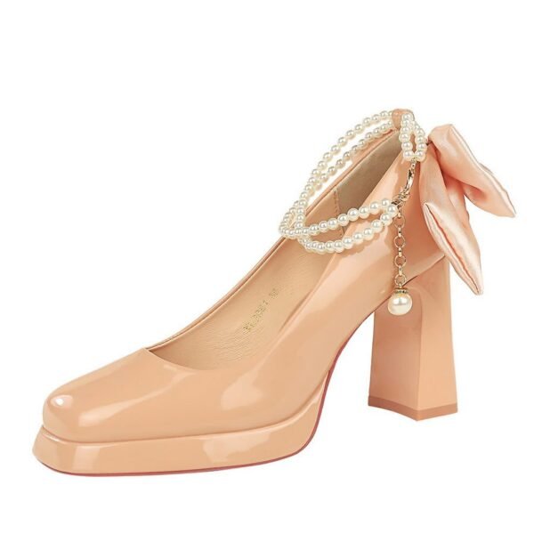 Product image BIGTREE 9981-H78TP Korean version square head thick heel super high heel waterproof table pearl chain word with bow wedding shoes single shoes