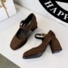 BIGTREE 9613-5 European and American style retro high heels, thick heels, waterproof platform, suede, shallow square scalp, belt buckle, one strap, single shoe woman