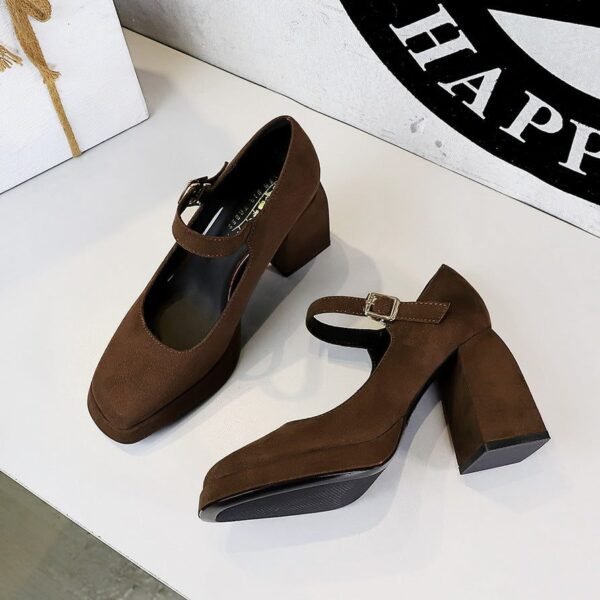 BIGTREE 9613-5 European and American style retro high heels, thick heels, waterproof platform, suede, shallow square scalp, belt buckle, one strap, single shoe woman