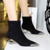 BIGTREE 335-1 European and American style light luxury banquet women's boots medium heel hollow with metal pointed iron head suede short boots