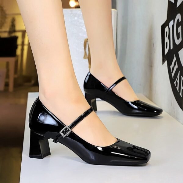 BIGTREE 6292 European and American style elegant women's shoes rhinestone word with square head heels patent leather glossy light mouth thick heel medium heel single shoes