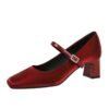 BIGTREE 6295 French small fragrant wind square head rhinestone one word with satin women's shoes thick heel medium heel light mouth comfortable and thin single shoes