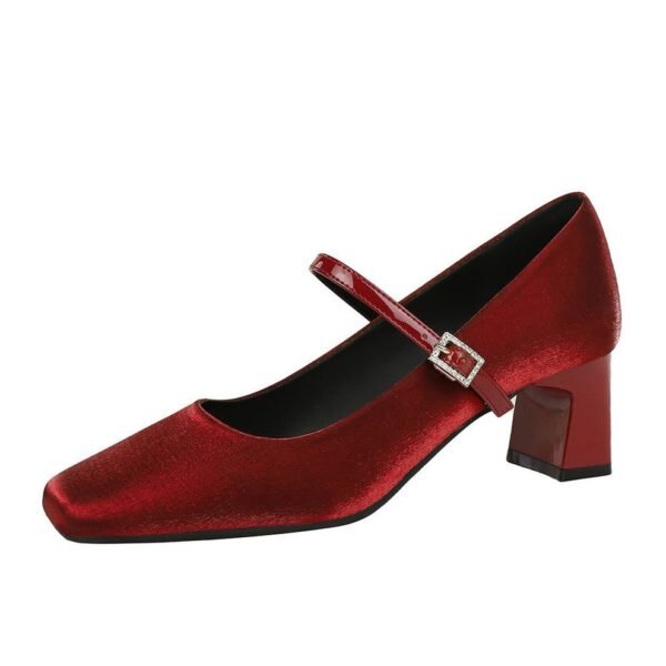 BIGTREE 6295 French small fragrant wind square head rhinestone one word with satin women's shoes thick heel medium heel light mouth comfortable and thin single shoes