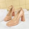 BIGTREE 9981-K103 European and American style simple thick heel super high heel waterproof table patent leather square head word belt single shoes high heels