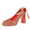 Product image BIGTREE 9983-H79TP Korean version sequined pearl one-word strap women's shoes square head shallow mouth thick heel super high heel waterproof table shoes
