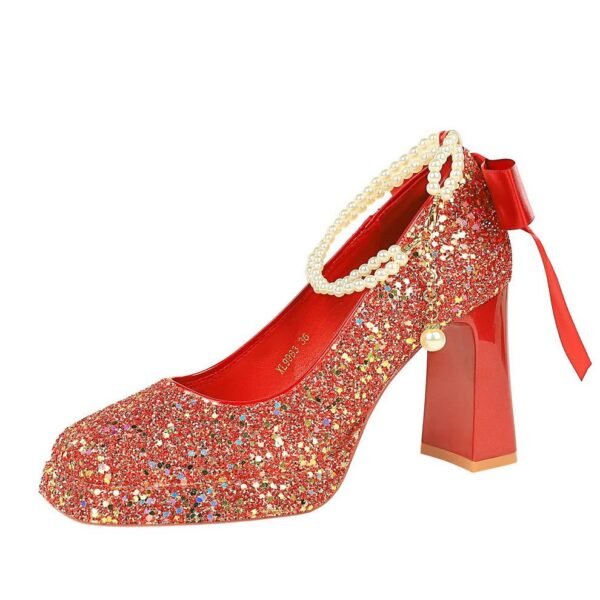 Product image BIGTREE 9983-H79TP Korean version sequined pearl one-word strap women's shoes square head shallow mouth thick heel super high heel waterproof table shoes