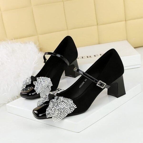 BIGTREE 5296-H65 Korean version one word with rhinestone buckle Mary Jane single shoes square head thick heel sequined bow medium heel women's shoes