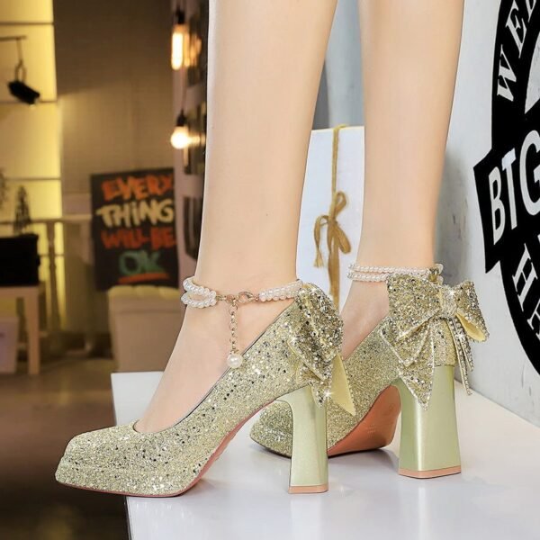 BIGTREE 9983-H80TP Sweet pearl one-word strap high heels women's rhinestone bow square head waterproof table thick heel single shoes