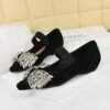 BIGTREE 3683-H72 Korean version of light luxury elastic band one-pedal low-heeled women's single shoes dazzling rhinestone bow wedge-heeled women's shoes
