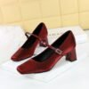 BIGTREE 6295 French small fragrant wind square head rhinestone one word with satin women's shoes thick heel medium heel light mouth comfortable and thin single shoes