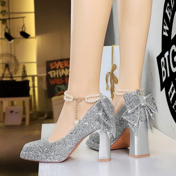 BIGTREE 9983-H80TP Sweet pearl one-word strap high heels women's rhinestone bow square head waterproof table thick heel single shoes