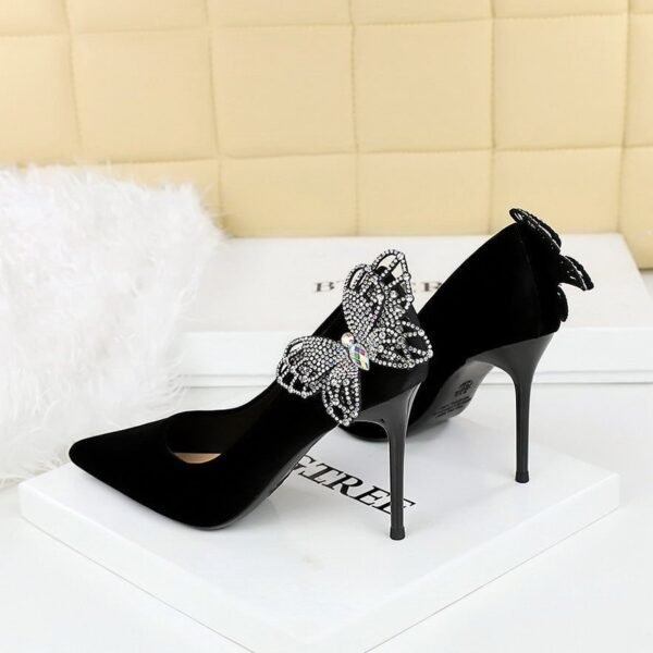 BIGTREE 3739-H62L Korean high heels side bow rhinestone Xi Shi velvet thin pointed toe shallow mouth super high heel shoes
