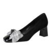 BIGTREE 5297-H65 sequined bow square head light mouth European and American style medium heel single shoes suede thick heel professional commuter women's shoes