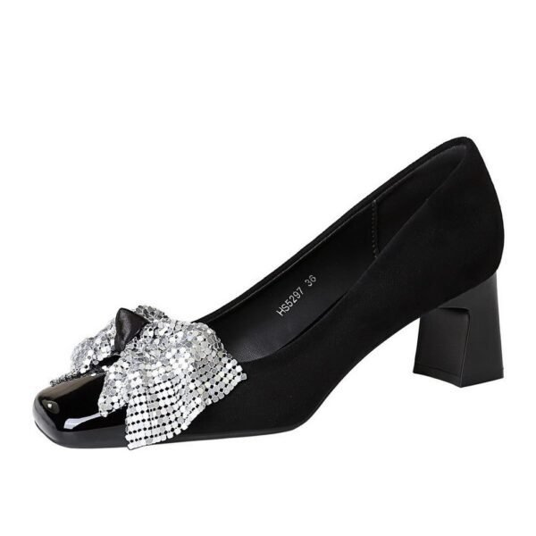 BIGTREE 5297-H65 sequined bow square head light mouth European and American style medium heel single shoes suede thick heel professional commuter women's shoes