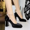 BIGTREE 9982-H78TP French Xiaoxiangfeng square head waterproof table high heels back bow pearl chain one-word belt single shoes