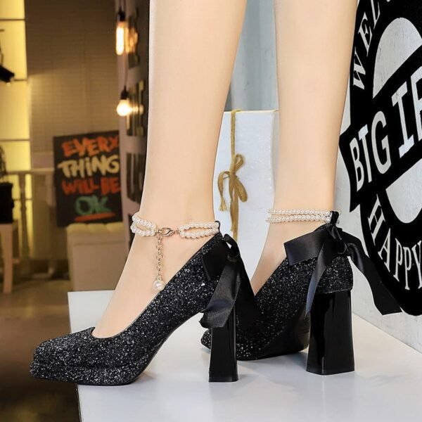 Product image BIGTREE 9983-H79TP Korean version sequined pearl one-word strap women's shoes square head shallow mouth thick heel super high heel waterproof table shoes