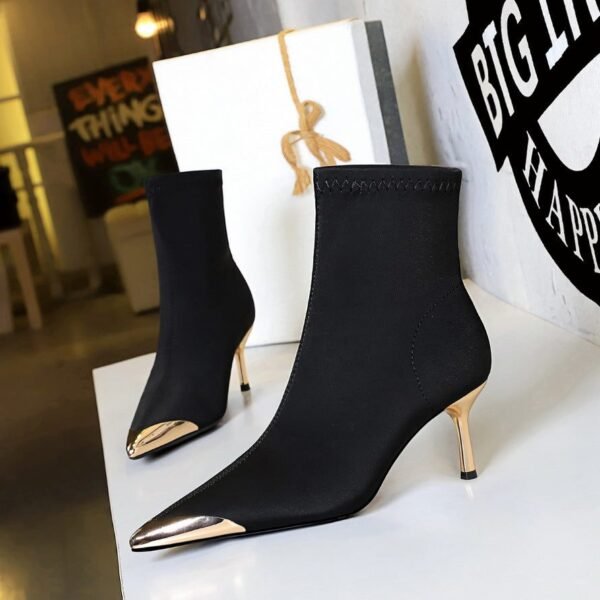 BIGTREE 319-A13 banquet women's boots European and American fashion and sexy thin heels satin metal pointed short boots short boots