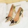 BIGTREE 18249-K91 European and American style super high-heeled women's shoes patent leather metal bow splicing stiletto high heels