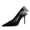 BIGTREE 3739-H62L Korean high heels side bow rhinestone Xi Shi velvet thin pointed toe shallow mouth super high heel shoes