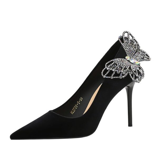 BIGTREE 3739-H62L Korean high heels side bow rhinestone Xi Shi velvet thin pointed toe shallow mouth super high heel shoes