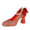BIGTREE 9983-H78TP French bow pearl chain straight strap high heels square toe platform thick heel sequin single shoes