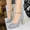 BIGTREE 9983-K106 European and American style women's shoes thick heel high heel waterproof table shallow mouth square head sequins one word with single shoes wedding shoes