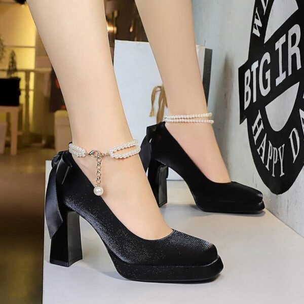 Product image BIGTREE 9982-H79TP Korean version of square head thick heel waterproof table high heels pearl word with back bow satin shoes