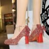 BIGTREE 9983-H80TP Sweet pearl one-word strap high heels women's rhinestone bow square head waterproof table thick heel single shoes