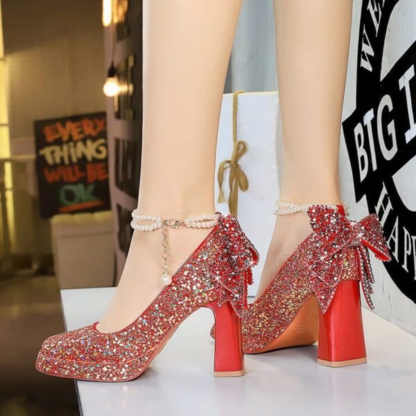 BIGTREE 9983-H80TP Sweet pearl one-word strap high heels women's rhinestone bow square head waterproof table thick heel single shoes