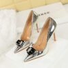 BIGTREE 18249-K91 European and American style super high-heeled women's shoes patent leather metal bow splicing stiletto high heels