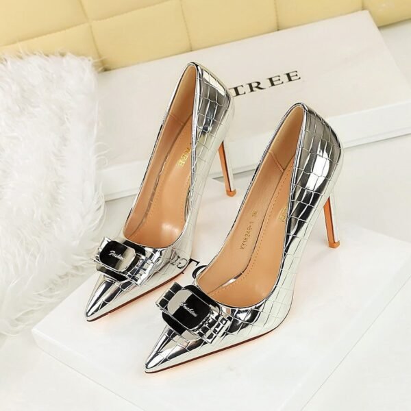 BIGTREE 18249-K91 European and American style super high-heeled women's shoes patent leather metal bow splicing stiletto high heels