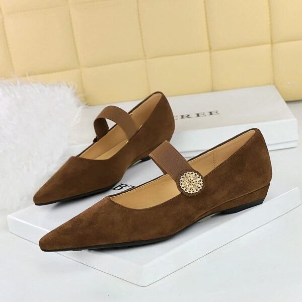 BIGTREE 3683-2K92 Korean version low heel wedge heel versatile suede light mouth metal decorative elastic band one word belt single shoes women