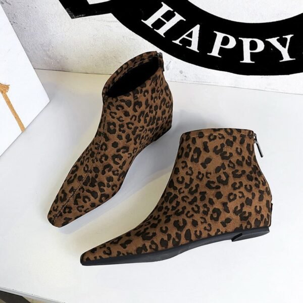 BIGTREE 6632-27 retro style autumn and winter naked boots inner height increase slope heel middle heel back zipper leopard print short boots