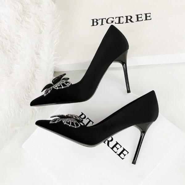 BIGTREE 3739-H62 Shining color double-layer bow decoration European and American high heels Xishi velvet super high heel shallow mouth women's shoes